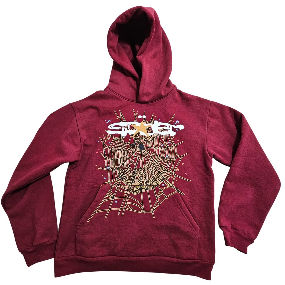 Sp5der Thick Hoodie Medium Maroon Burgundy Spider Web Graphic Streetwear *